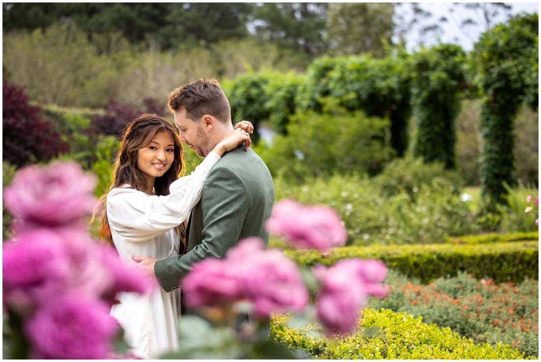 bride and groom hugging in rose garden